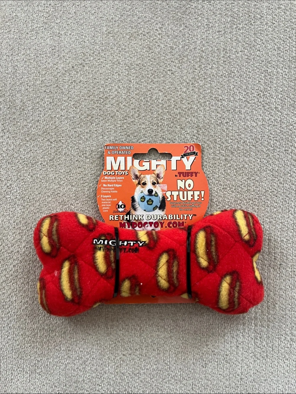 Mighty Tuffy Red Hot Dog Print Plush Bone Dog Toy